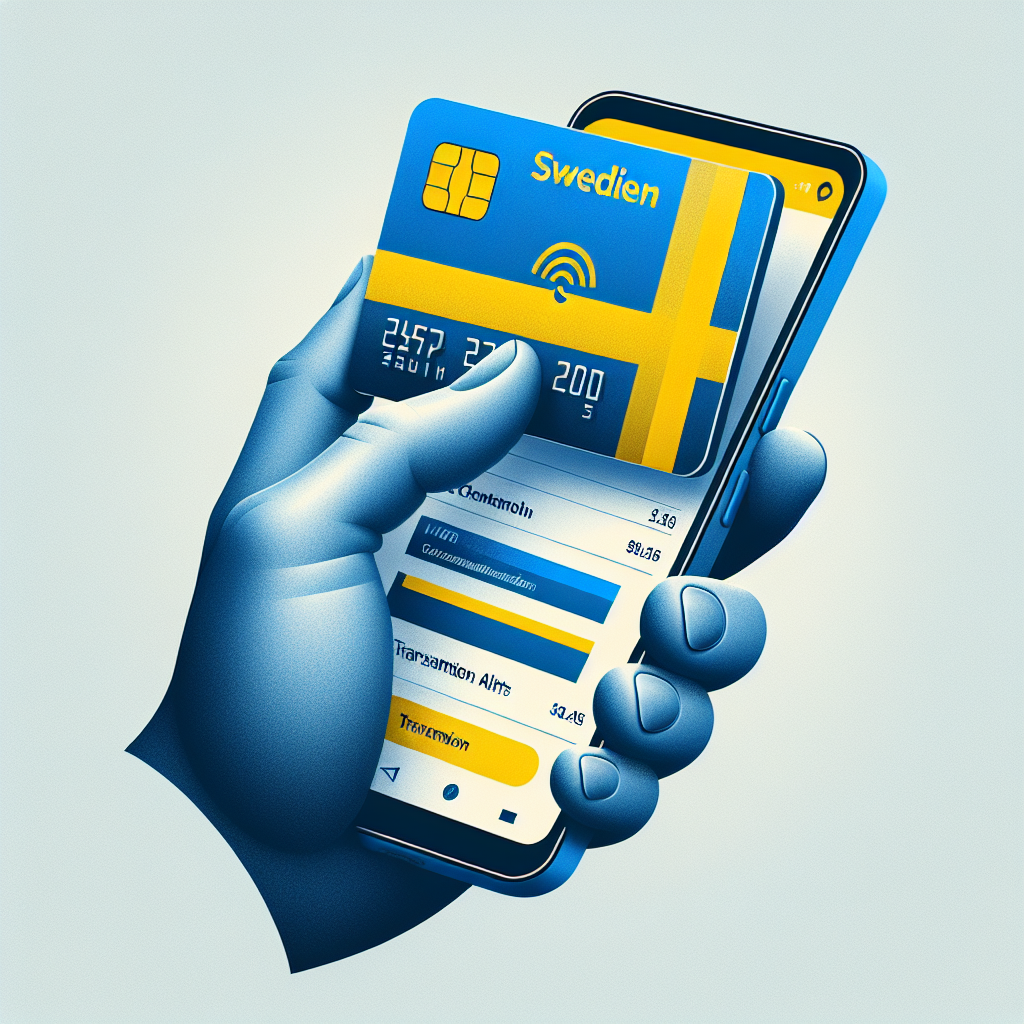 A modern, clean image of a hand holding a contactless Swedish credit card over a smartphone showing transaction alerts; Swedish flag colors subtly incorporated, professional fintech style