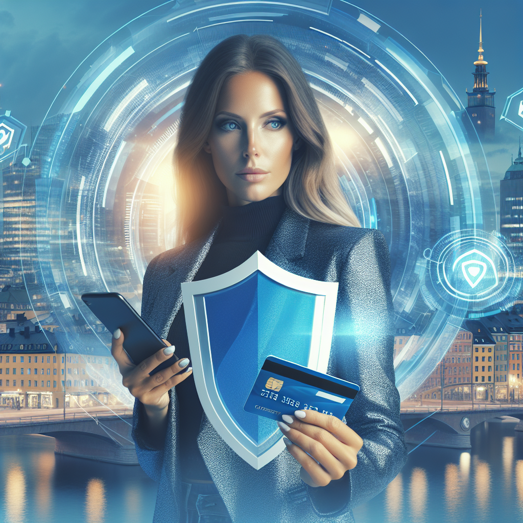 A modern, clean image of a Nordic woman using a smartphone and credit card with a digital shield overlay, Swedish city background, blue and yellow accents