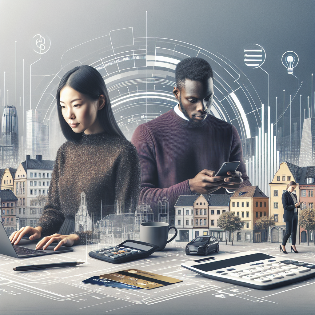 Clean, modern banner showing a person using a laptop and smartphone with a digital interest calculator, Swedish cityscape subtly in the background, financial charts and credit card icons