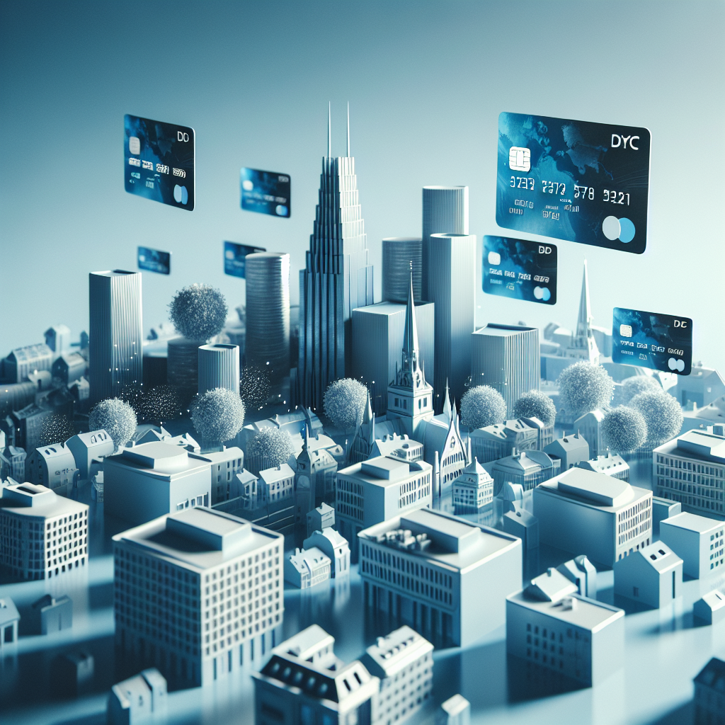 A modern financial concept image showing a Scandinavian city skyline with floating credit cards displaying high numeric limits, cool blue tones, minimalist style