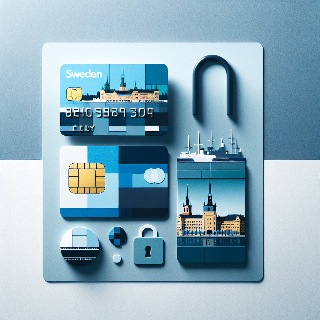 Clean, modern collage of Swedish credit cards, a secure lock icon, and Stockholm skyline with soft blue tones