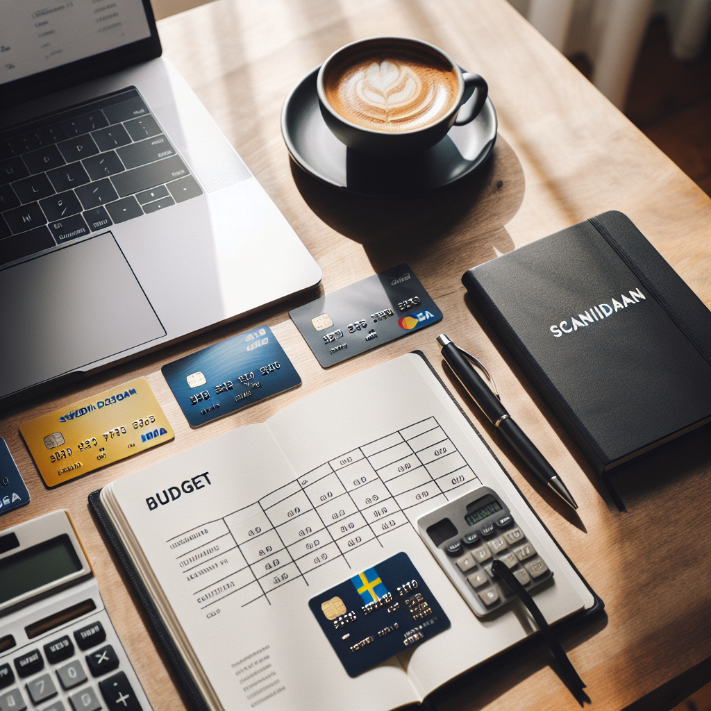 Scandinavian flat-lay: laptop, Swedish credit cards, notebook with budget columns, calculator, and a cup of coffee on a clean wooden table, soft natural light