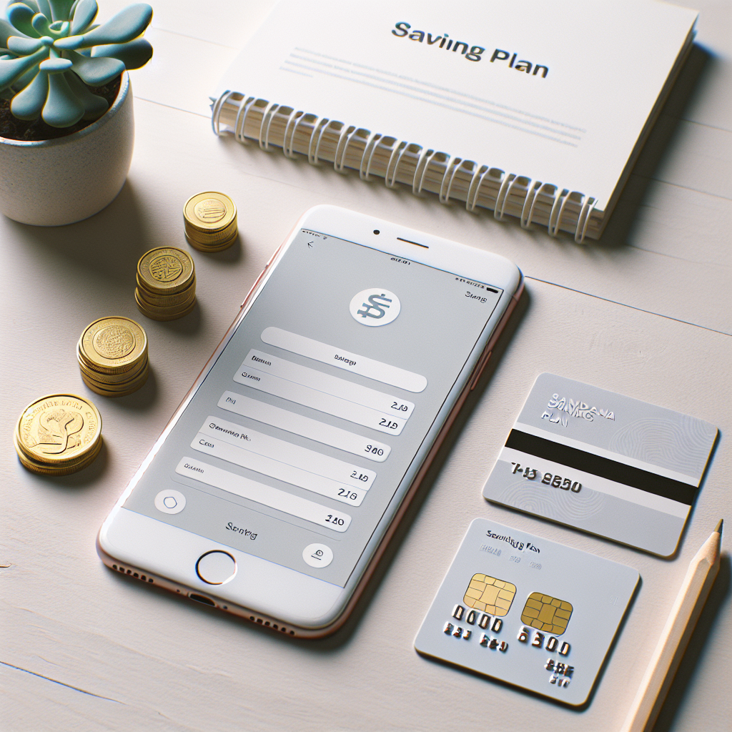 A clean Scandinavian flat-lay of a smartphone with a banking app open, a Swedish krona coin stack, a credit card, and a notepad labeled 'Savings Plan' on a light wooden table, minimalist style