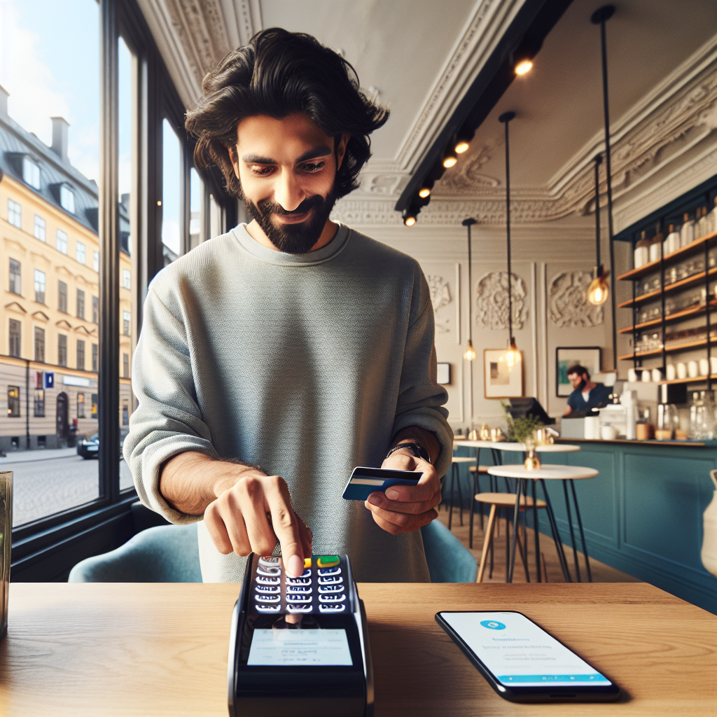 Traveler using a contactless credit card at a cozy Stockholm cafe, with a visible mobile wallet, Swedish architecture in soft daylight, modern clean style