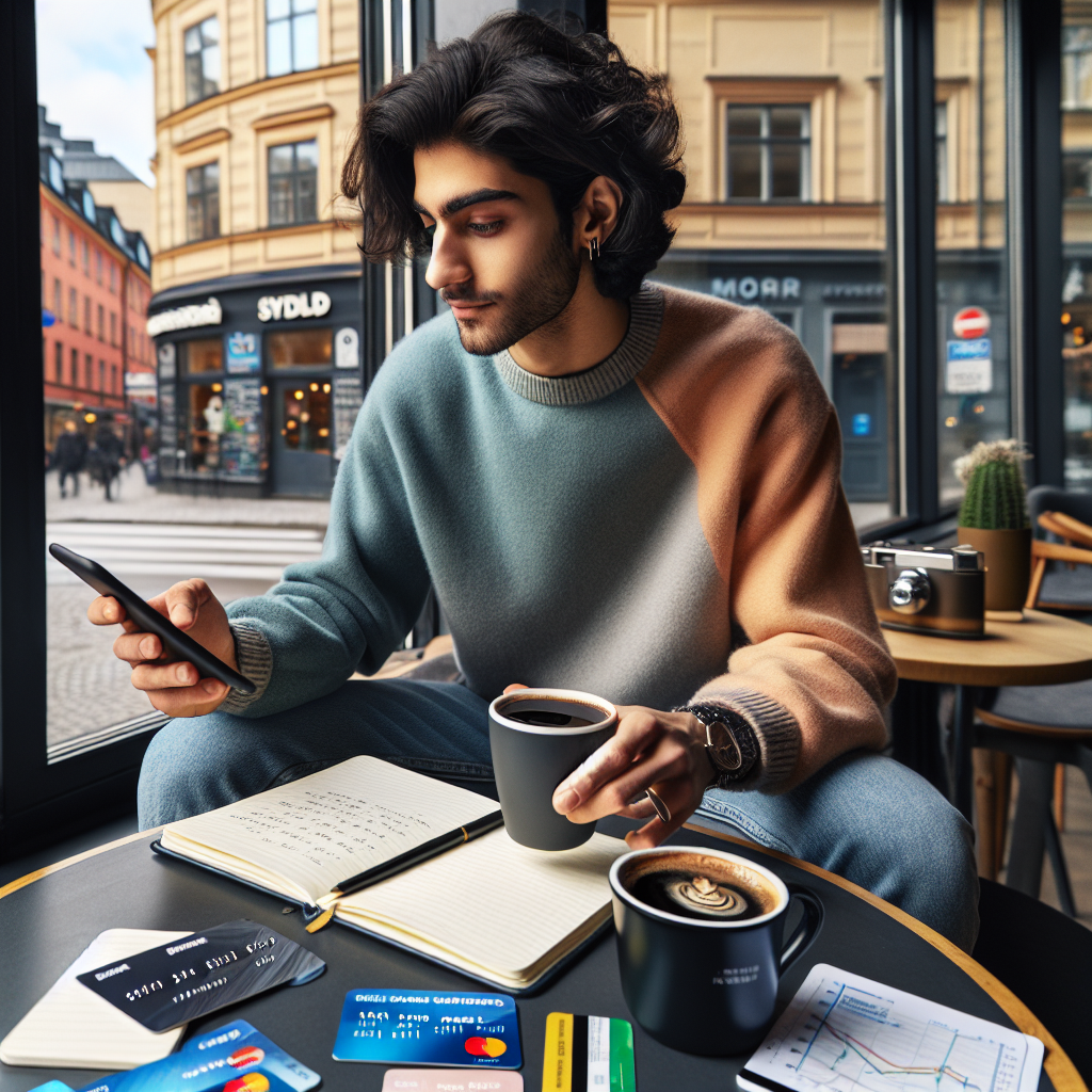A modern student in a Scandinavian cafe checking a smartphone with credit card rewards apps open; Swedish urban backdrop, minimalist flat-lay of student items like notebook, coffee, transit card, and a credit card.